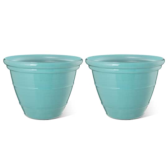 Glitzhome® Round Faux Ceramic Pot Plastic Planter Set in Turquoise | 19.5" X 19.5" X 15" | Michaels®